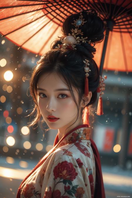 37485-4033206509-Warm Snow,1girl,solo,umbrella,oil-paper umbrella,blurry,looking at viewer,hair ornament,red lips,upper body,black hair,chinese c.png